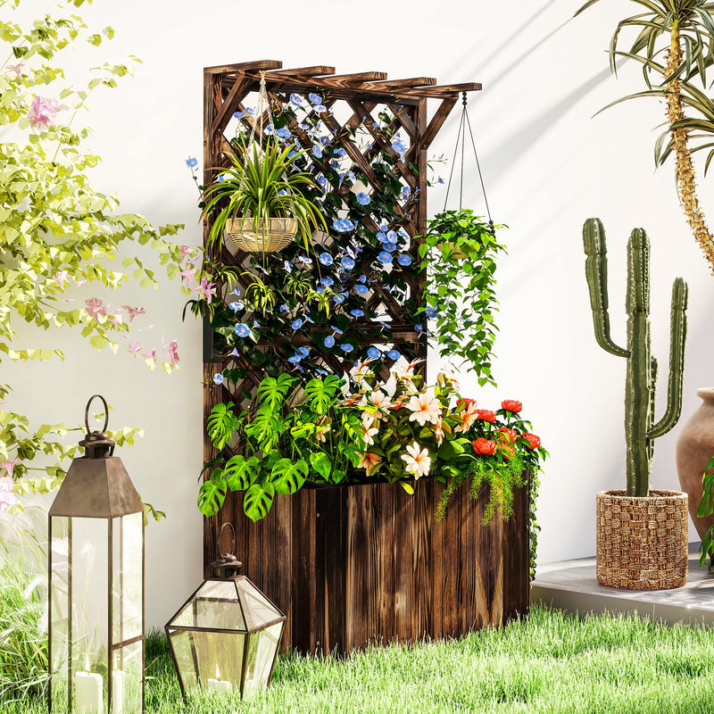 Wooden Planter with Trellis Freestanding Raised Garden Bed with Liner for Outdoor Plants by Outsunny