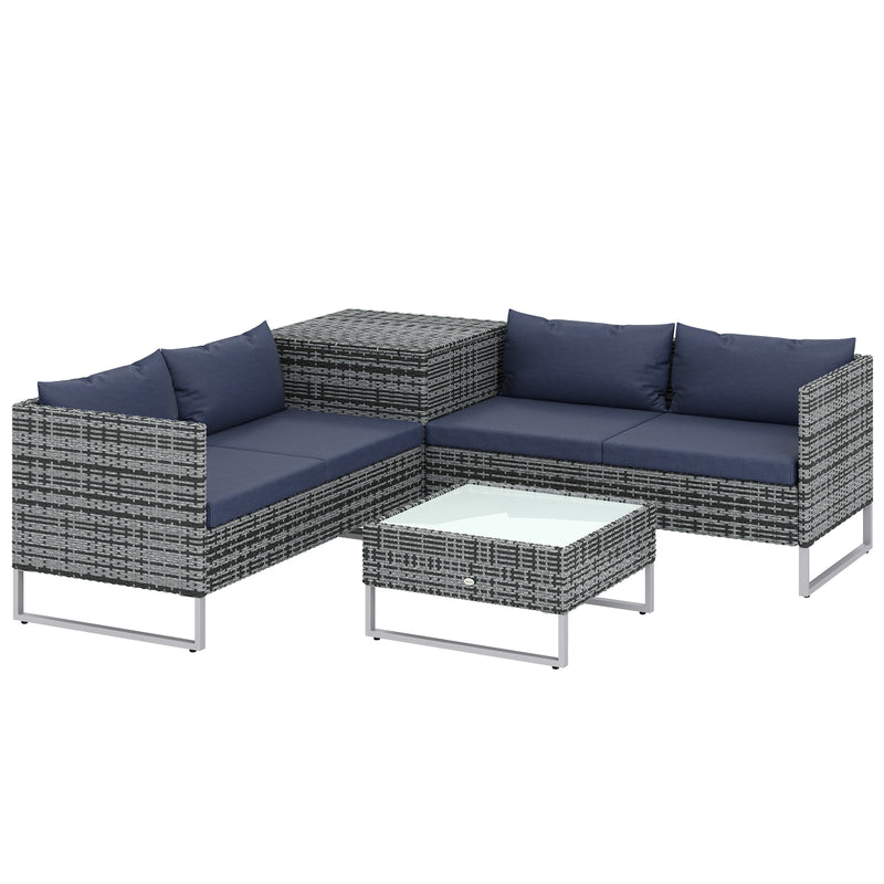 4 Seater Rattan Garden Furniture Set with Storage Box and Coffee Table, Mixed Grey Outsunny