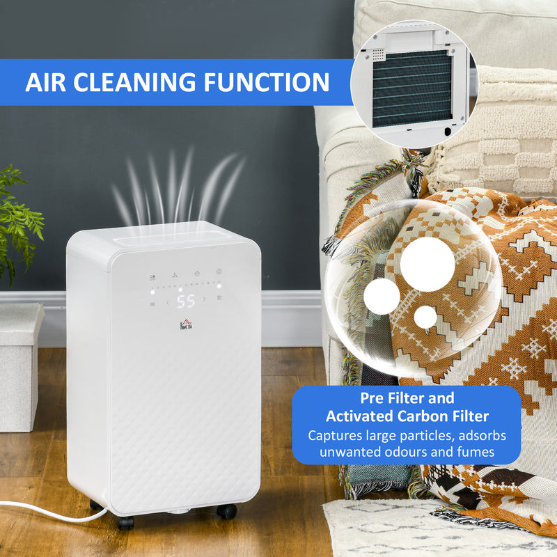 Portable 12L Dehumidifier with Air Purifier and 24 Hour Timer For Home and Laundry Use, White