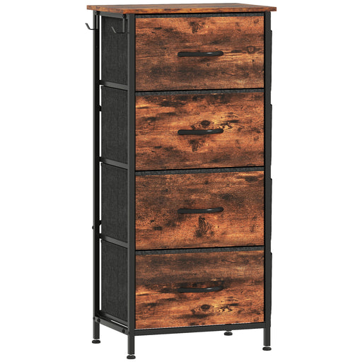 Chest of Four Fabric Storage Drawers with Wood Effect Top for Bedroom or Hallway, Rustic Brown