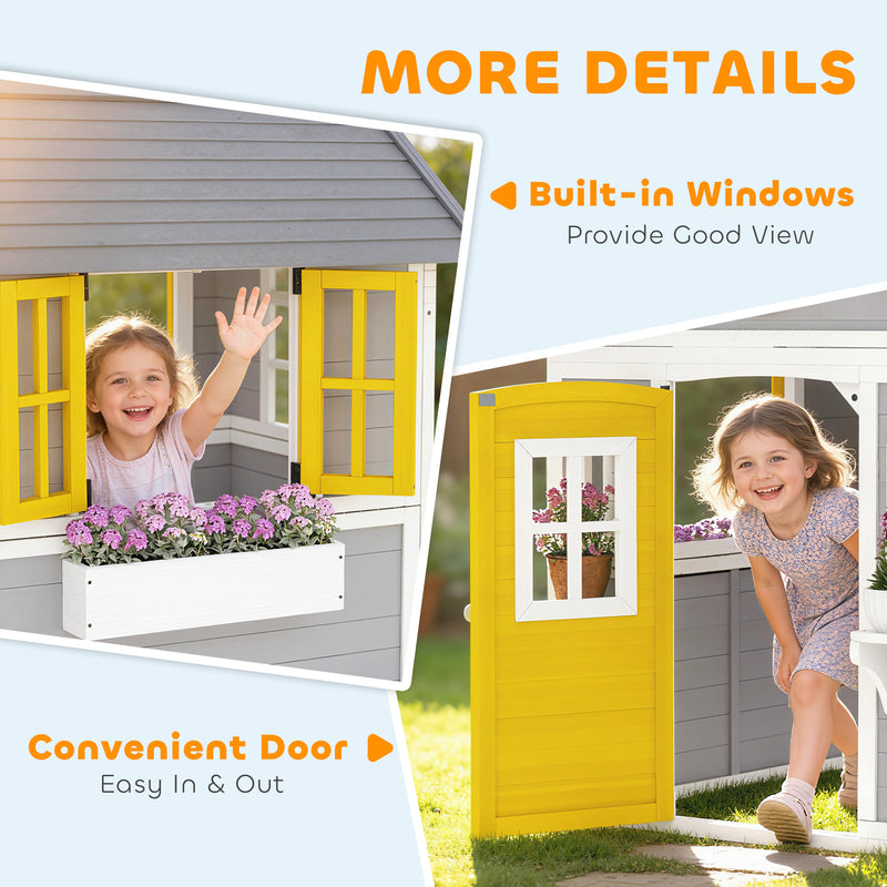 Wooden Outdoor Playhouse for Children with Planter Boxes and Weatherproof Shelter Grey Yellow White Outsunny