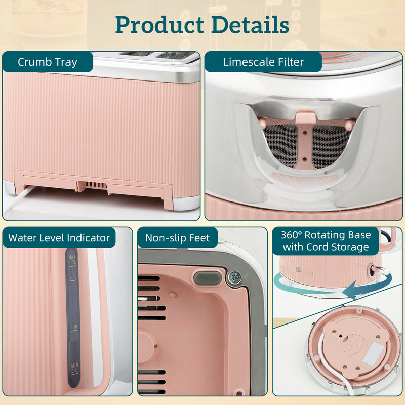 Kettle and Toaster Set for Fast Family Breakfasts and Tea Breaks Pink AOSOM
