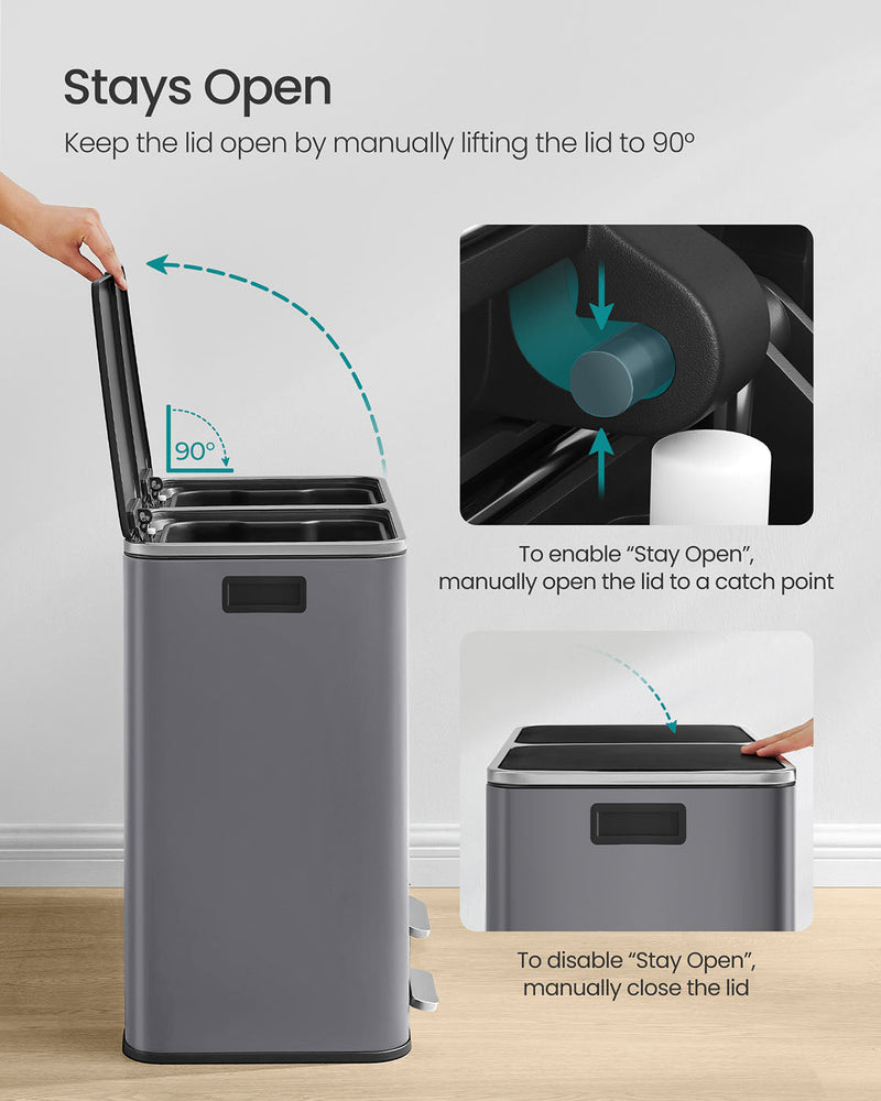 Songmics dual compartment pedal bin - dimensions diagram showing size in cm