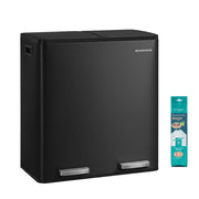 Black Songmics dual compartment kitchen bin with two lids, two pedals and a pack of liner bags