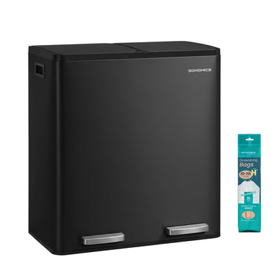 Black Songmics dual compartment kitchen bin with two lids, two pedals and a pack of liner bags