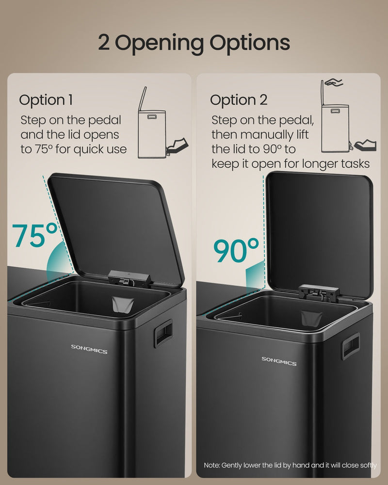 Panel comparing the 75 degree pedal lid opening with the 90 degree hand-lifted position