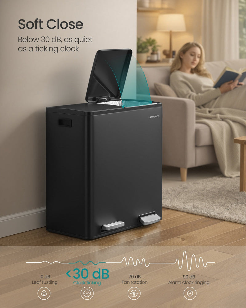 Bin closing softly beside a woman reading, with a chart placing the sound below 30 dB