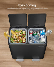 Both lids open showing 2 inner buckets, one holding food waste and one holding recycling