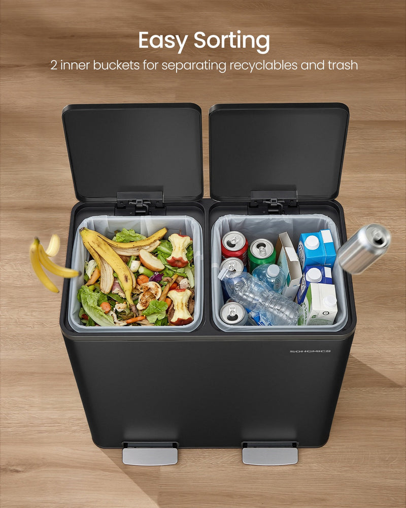 Both lids open showing 2 inner buckets, one holding food waste and one holding recycling