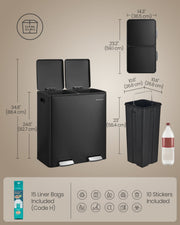 Dimension diagram giving 59.1 by 36.5 by 62.7 cm, 88.4 cm with lids open and 2 x 30 L capacity