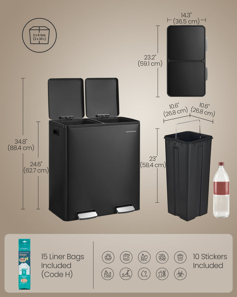 Dimension diagram giving 59.1 by 36.5 by 62.7 cm, 88.4 cm with lids open and 2 x 30 L capacity