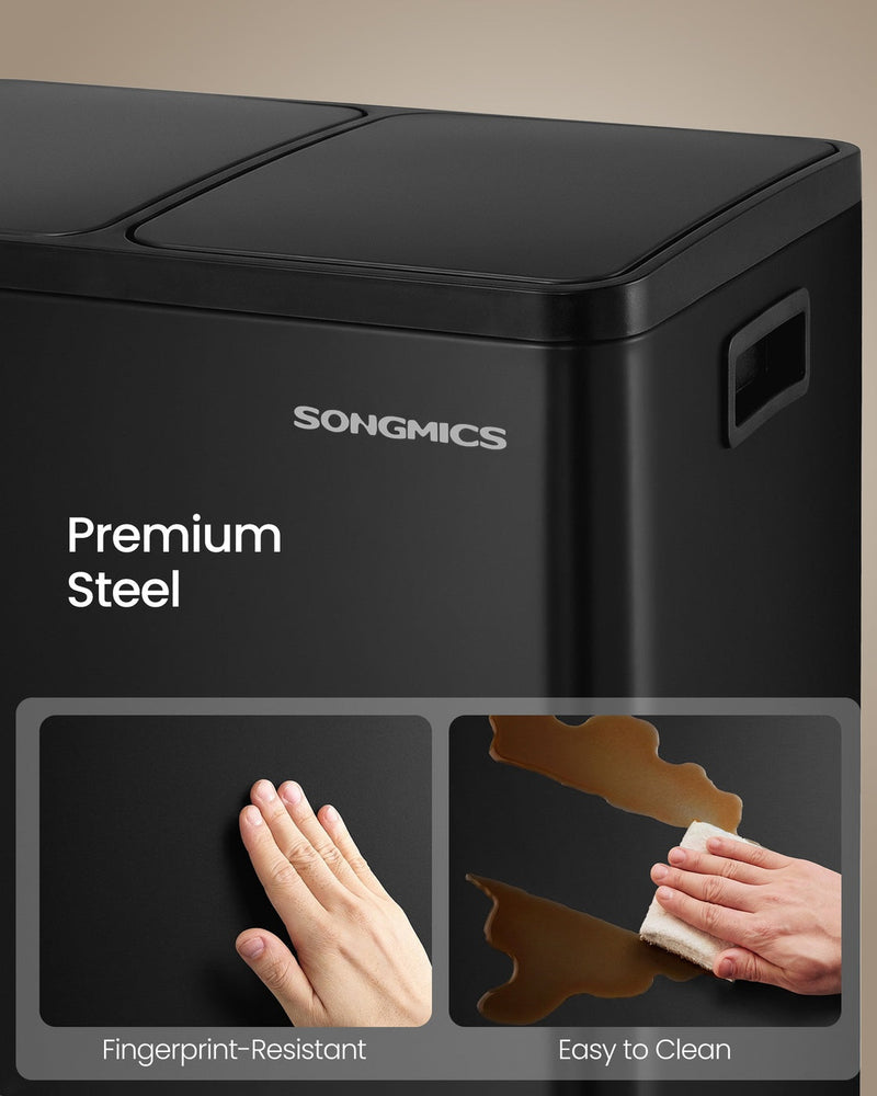 Corner detail of the fingerprint-resistant black steel body, side handle and Songmics logo