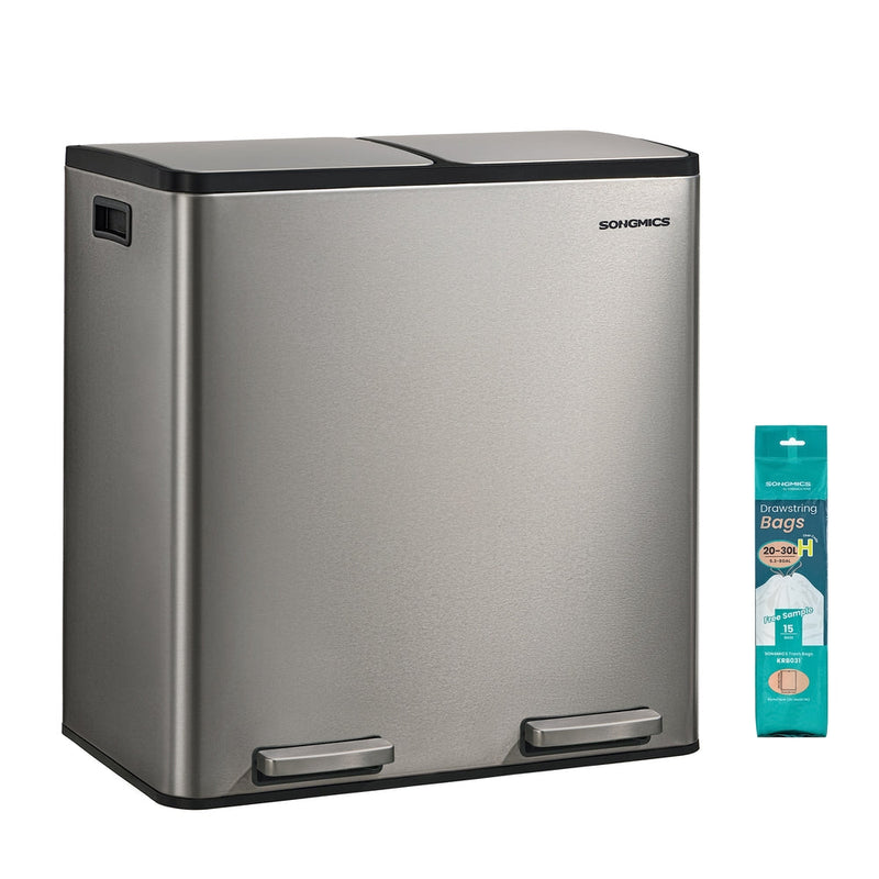 Silver stainless steel dual compartment kitchen bin shown with a pack of liner bags