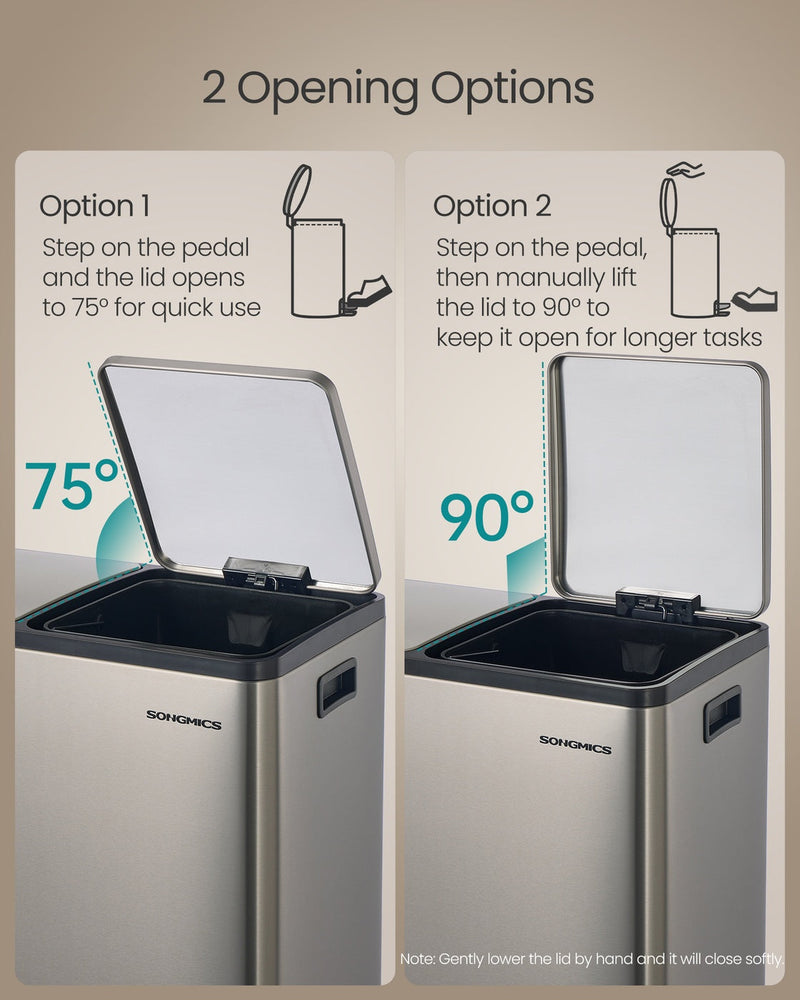 Diagram showing the lid opening to 75 degrees or held open at 90 degrees