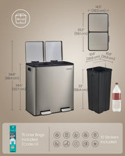 Dimension diagram showing the bin's overall size and the two 30 L inner buckets