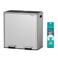 Songmics dual compartment pedal bin in silver and black beside a pack of 15 drawstring bin bags