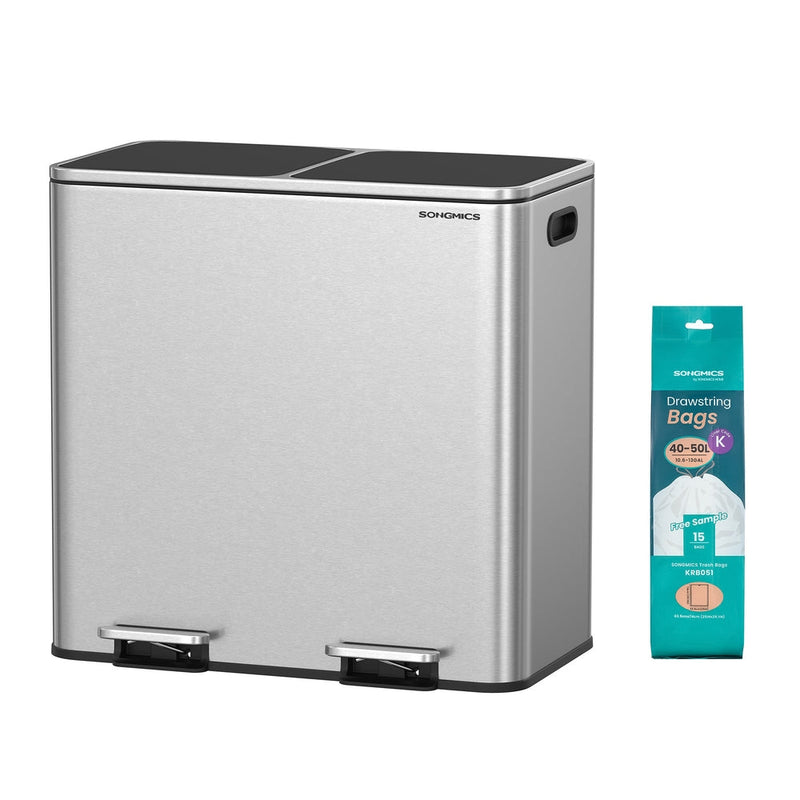Songmics dual compartment pedal bin in silver and black beside a pack of 15 drawstring bin bags