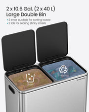 Both lids open on the pedal bin showing separate trash and recycling compartments of 2 x 40 L