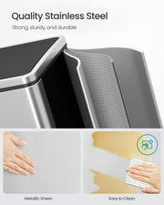 Close-up of the brushed stainless steel body showing its metallic sheen and a cloth wiping it clean