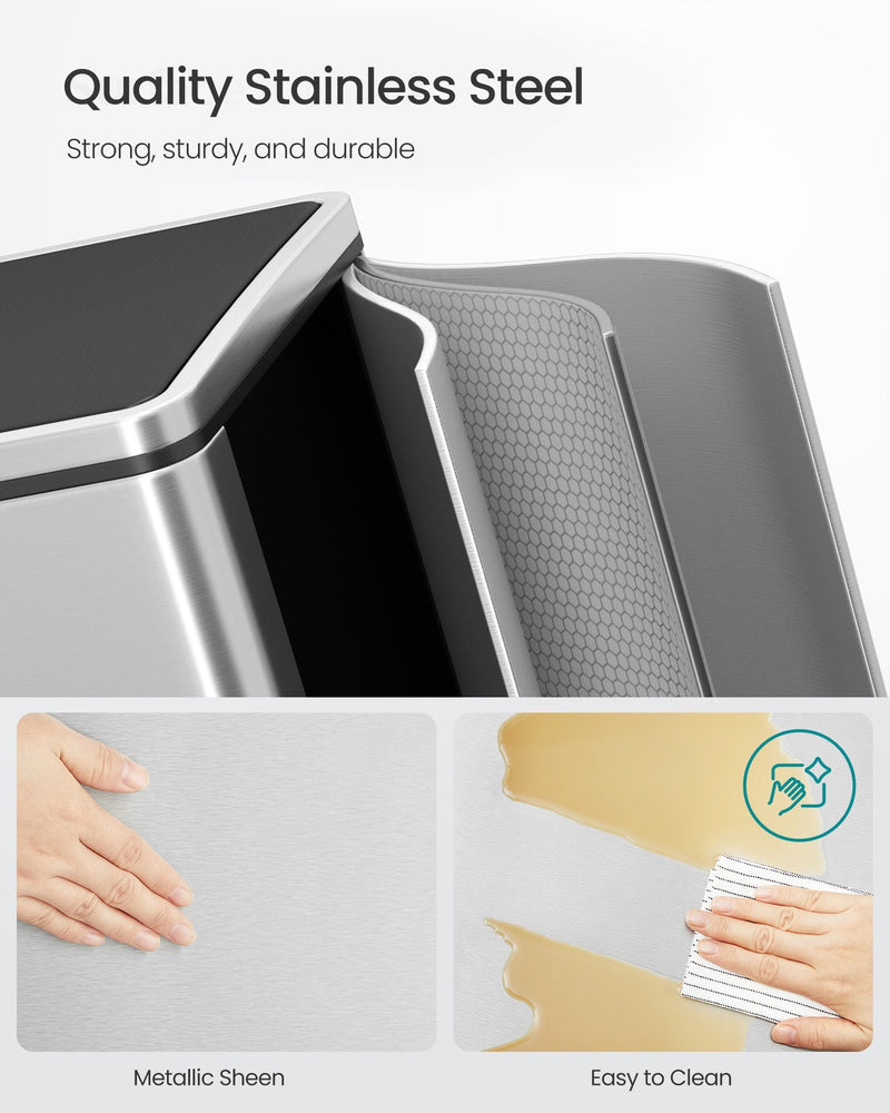 Close-up of the brushed stainless steel body showing its metallic sheen and a cloth wiping it clean