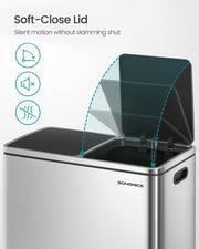 Soft-close lid diagram tracing the arc of a bin lid easing shut quietly instead of slamming