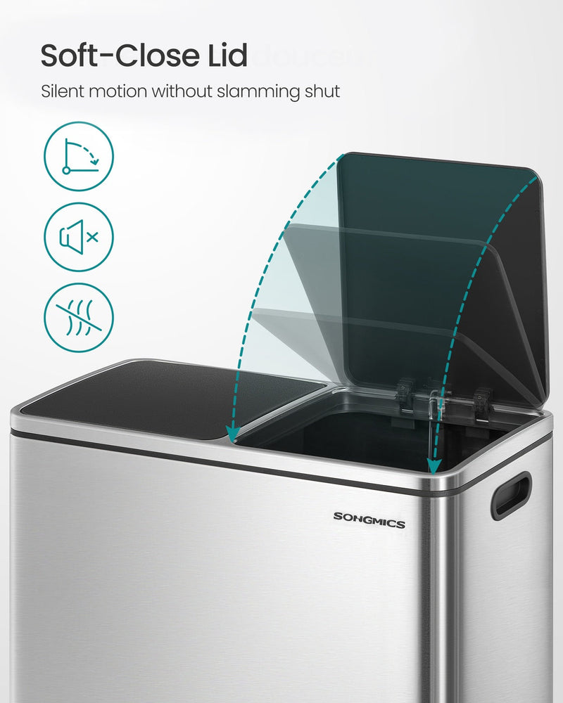 Soft-close lid diagram tracing the arc of a bin lid easing shut quietly instead of slamming