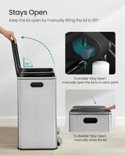 Bin lid held open at 90 degrees by hand, with close-ups of the stay-open catch point mechanism