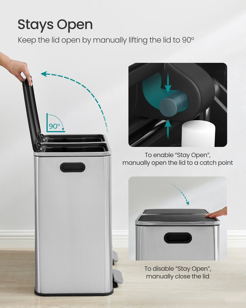 Bin lid held open at 90 degrees by hand, with close-ups of the stay-open catch point mechanism