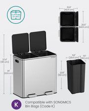Dimensions diagram of the pedal bin measuring 64.5 x 40.4 x 63.5 cm closed and 95 cm with lids open, with inner buckets of 29.4 x 29.5 x 60 cm