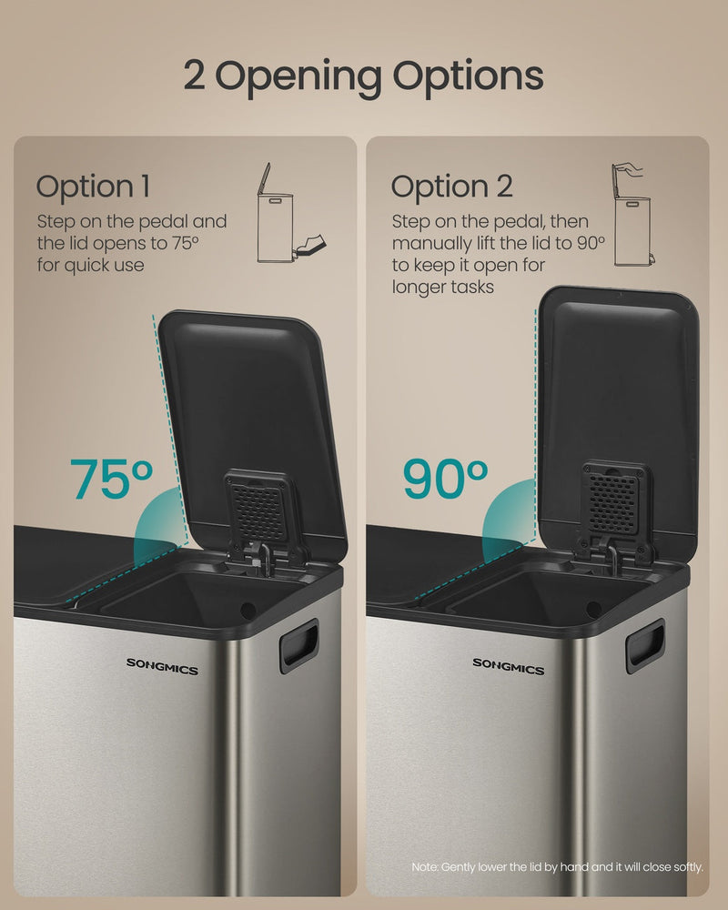 Graphic of two opening options: pedal opens the lid to 75 degrees, or lift by hand to 90 degrees to keep it open