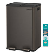 Brushed steel dual compartment bin with both lids closed, side handles and twin pedals