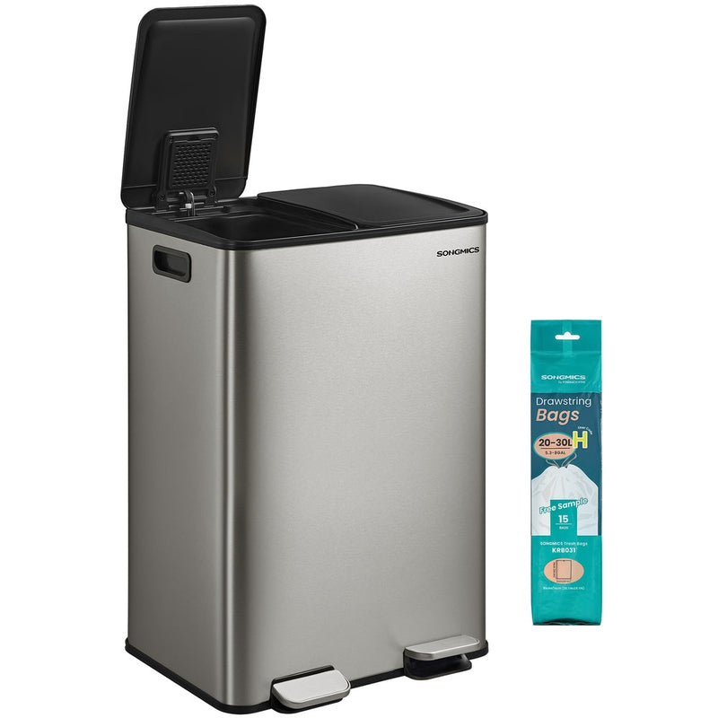 Three-quarter view of the pedal bin with one lid raised, shown with a pack of 15 liner bags
