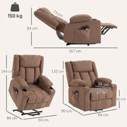 Dimension diagram showing the brown recliner's upright, reclined and lifted measurements