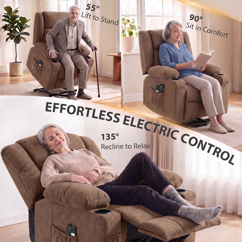 Three positions of the electric recliner: lift to stand, sit in comfort, recline to relax