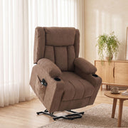Brown electric lift recliner chair angled in a living room setting
