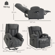 Dimension diagram showing the dark grey recliner's upright, reclined and lifted measurements