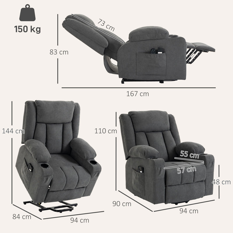 Dimension diagram showing the dark grey recliner's upright, reclined and lifted measurements