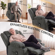 Three positions of the electric recliner: lift to stand, sit in comfort, recline to relax