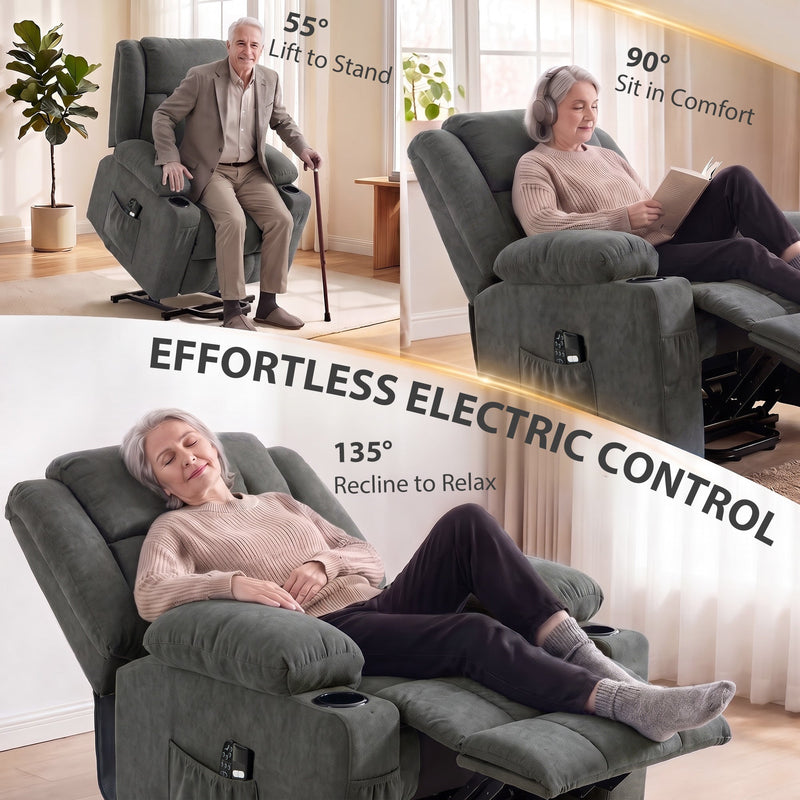 Three positions of the electric recliner: lift to stand, sit in comfort, recline to relax