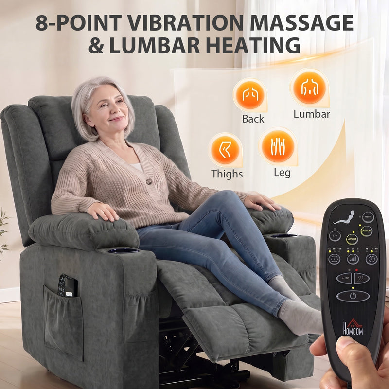 Diagram showing the 8-point vibration massage zones and lumbar heating with remote control