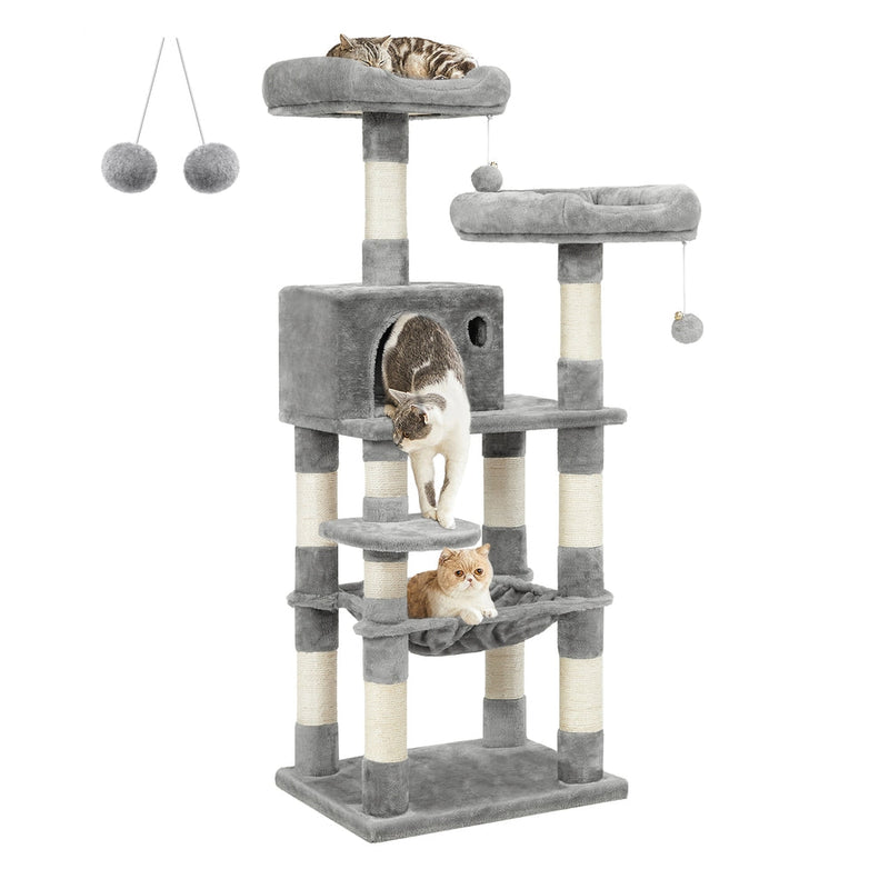Dual Platforms Cat Tree with Cave and Hammock, 143 cm, Light Grey by Feandrea