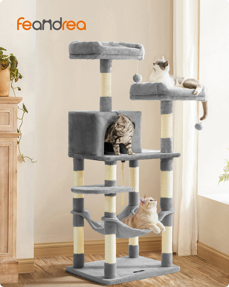 Dual Platforms Cat Tree with Cave and Hammock, 143 cm, Light Grey by Feandrea