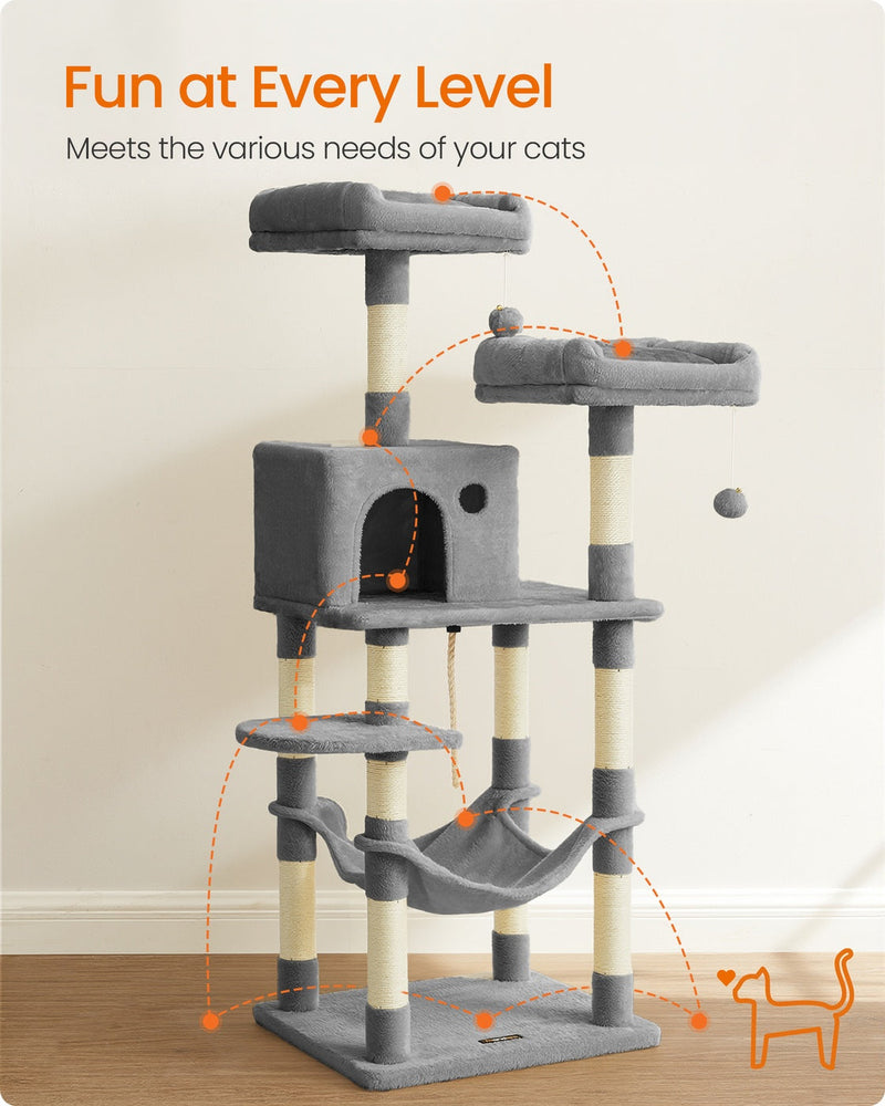 Dual Platforms Cat Tree with Cave and Hammock, 143 cm, Light Grey by Feandrea