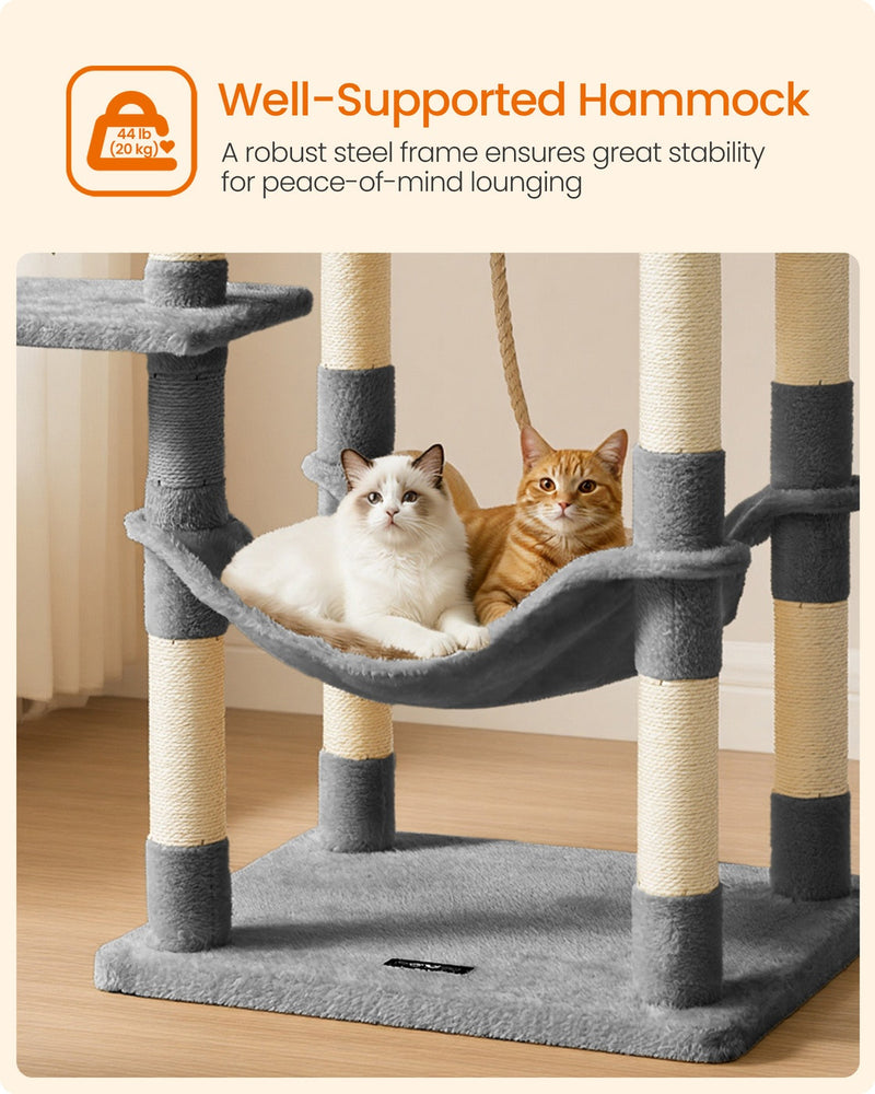 Dual Platforms Cat Tree with Cave and Hammock, 143 cm, Light Grey by Feandrea