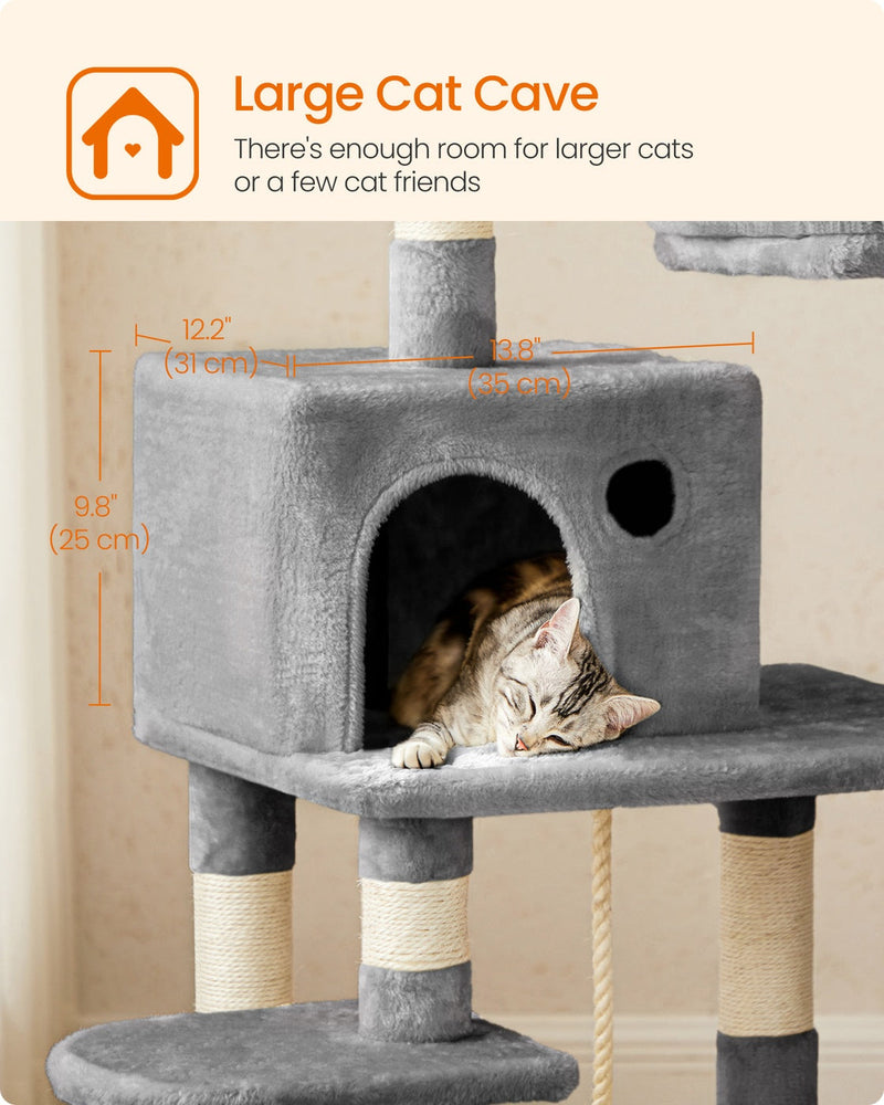Dual Platforms Cat Tree with Cave and Hammock, 143 cm, Light Grey by Feandrea
