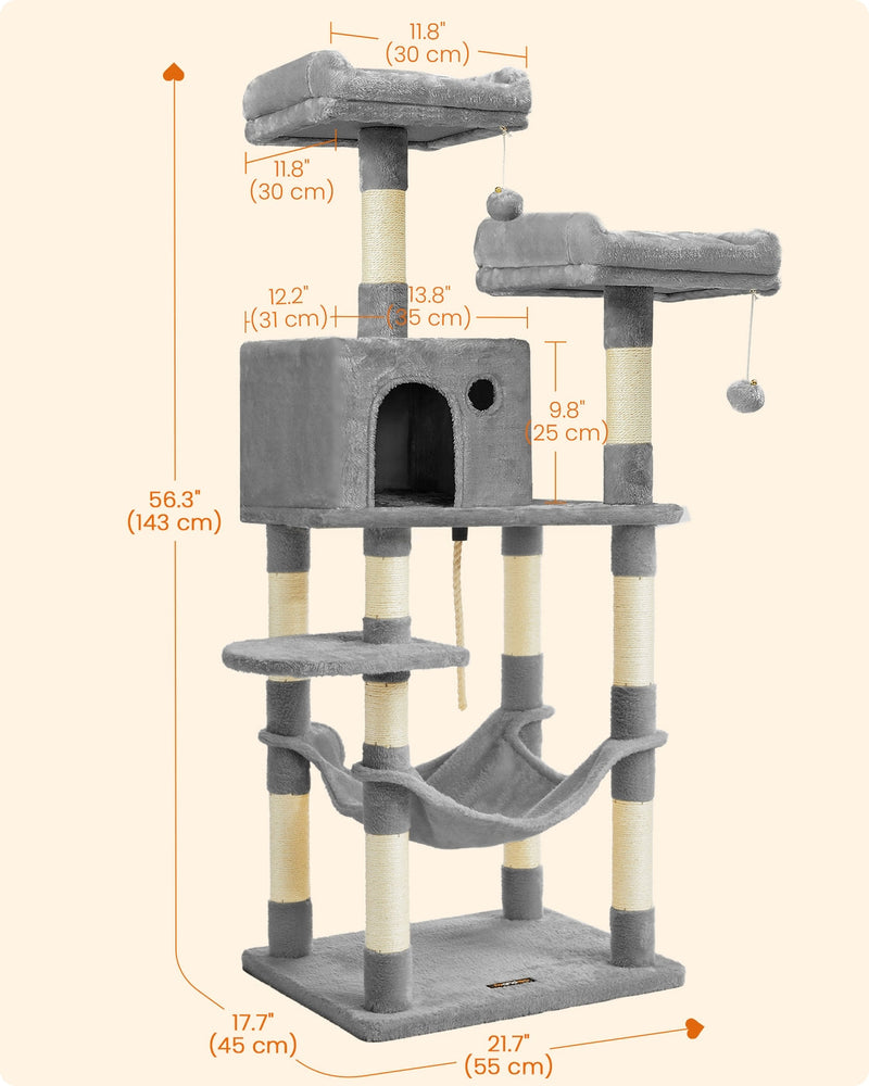 Dual Platforms Cat Tree with Cave and Hammock, 143 cm, Light Grey by Feandrea