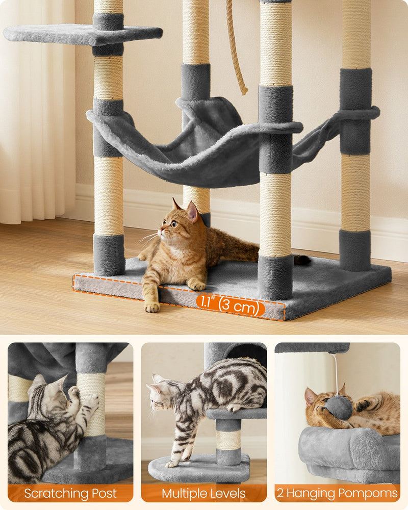 Dual Platforms Cat Tree with Cave and Hammock, 143 cm, Light Grey by Feandrea