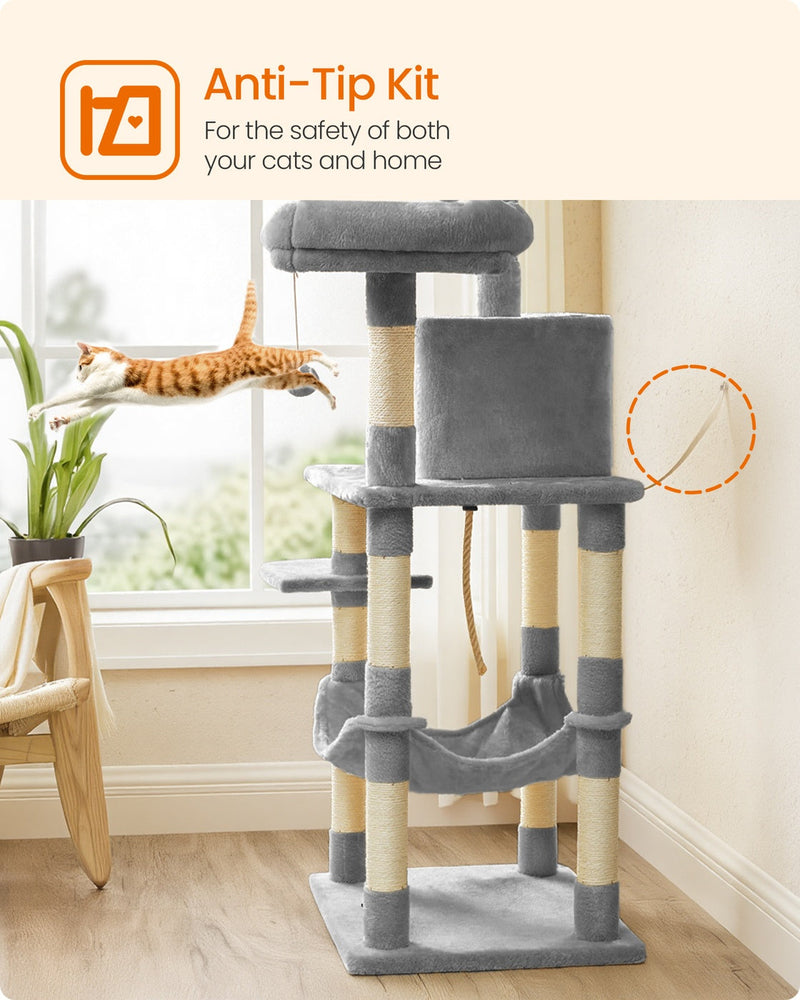 Dual Platforms Cat Tree with Cave and Hammock, 143 cm, Light Grey by Feandrea