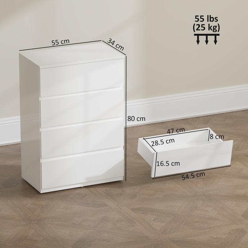 Modern 4 Drawer Bedroom Chest of Drawers With High Gloss Finish For Storage, White AOSOM