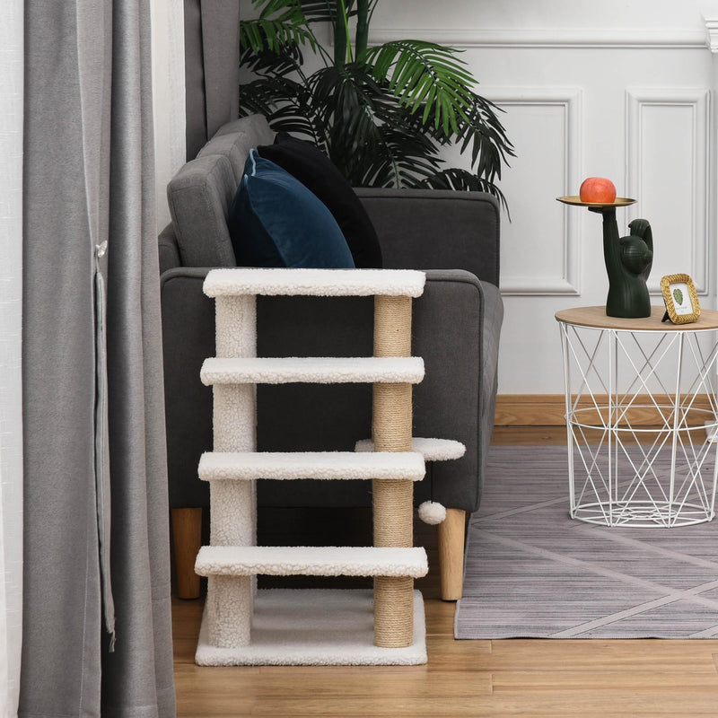 4 Step Cat Climbing Ladder With Scratching Posts Toy Ball And Platforms For Indoor Use White